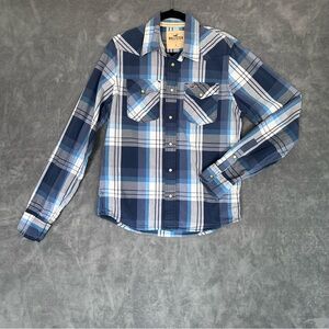 Hollister Y2K Western Cowboy Pearl Snap Blue Plaid, Long Sleeve size Large 90’s
